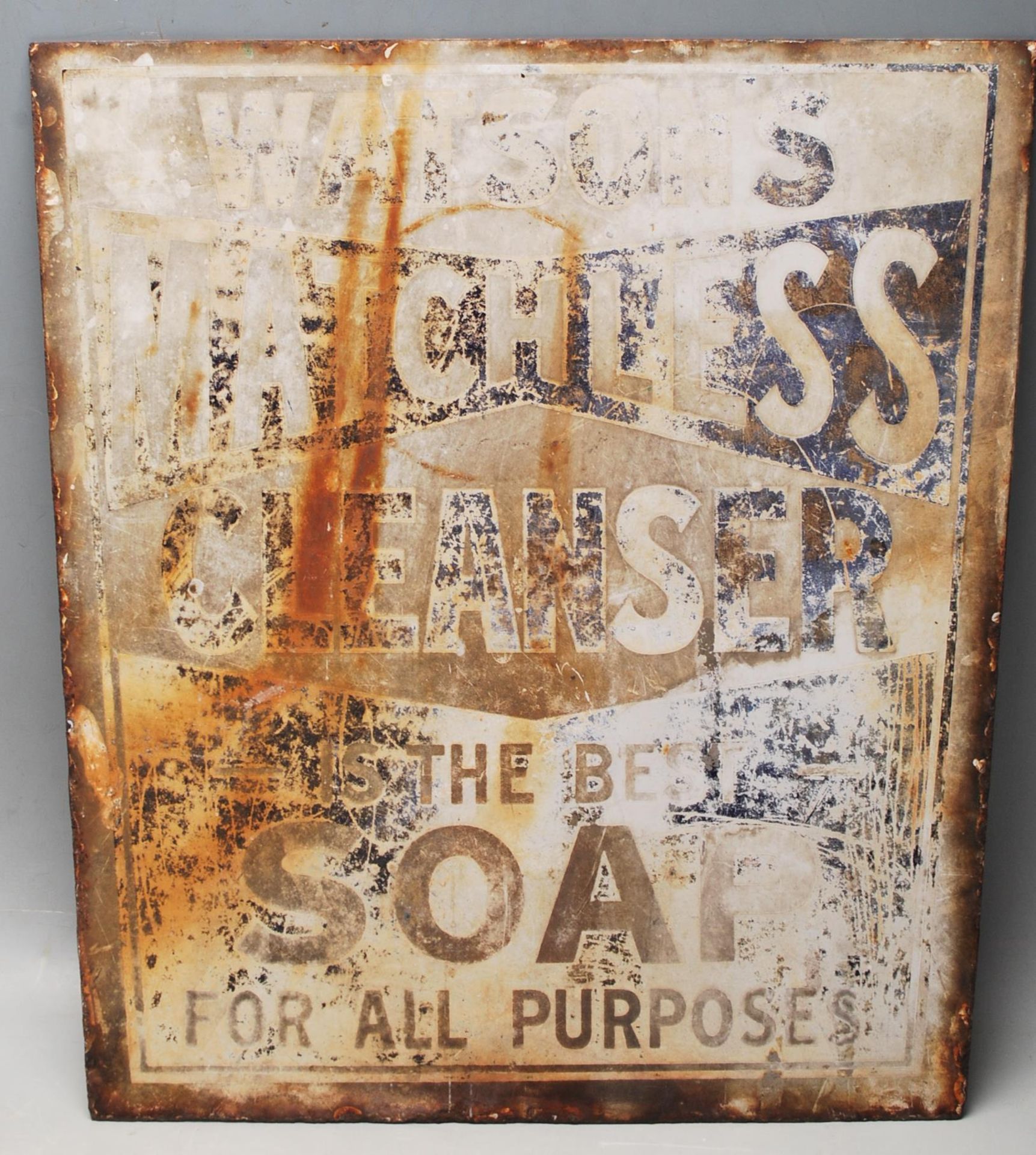 EARLY 20TH CENTURY 1930S DOUBLE SIDED INDUSTRIAL METAL PLAQUE FOR WATSONS MATCHLESS CLEANSER