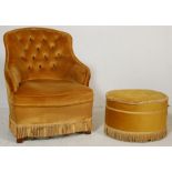 VINTAGE RETRO 20TH CENTURY TUB CHAIR / BEDROOM CHAIR TOGETHER WITH A MATCHING FOOTSTOOL