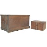 A 19TH CENTURY VICTORIAN OAK BLANKET CHEST AND SMALL WOODEN AND IRON STRONGBOX