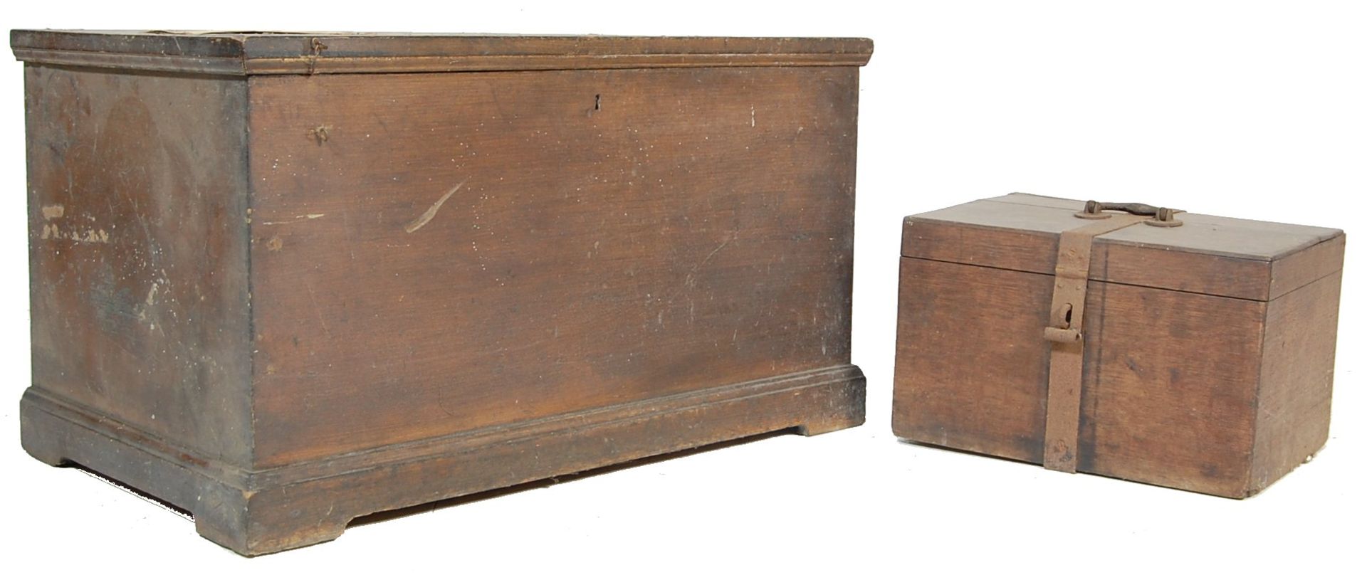 A 19TH CENTURY VICTORIAN OAK BLANKET CHEST AND SMALL WOODEN AND IRON STRONGBOX