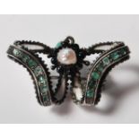 ANTIQUE AUSTRO HUNGARIAN SILVER EMERALD AND ENAMEL PIN BROOCH