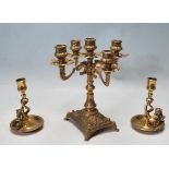 TWO 20TH CENTURY ANTIQUE STYLE BRASS CANDLESTICKS WITH DRAGON HANDLES