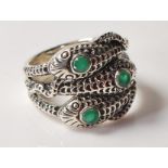 SILVER SNAKE RING SET WITH GREEN STONES