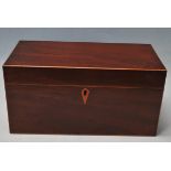 ANTIQUE 19TH CENTURY MAHOGANY AND BOXWOOD TEA CADDY