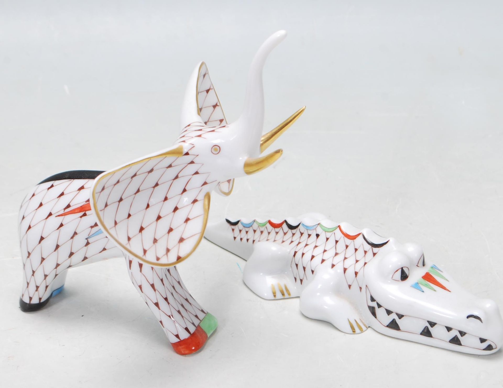 TWO HAND PAINTED CERAMIC FIGURINES BY HOLLOHAZA HUNGRY - ELEPHANT - CROCODILE