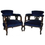 TWO 19TH CENTURY VICTORIAN CARVED MAHOGANY FRAMED TUB CHAIR WITH BLUE VELVET UPHOLSTERY