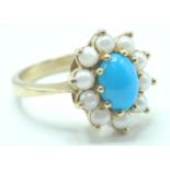 9CT GOLD PEARL AND BLUE STONE CLUSTER RING
