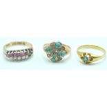 THREE GOLD AND COLOURED STONE RINGS