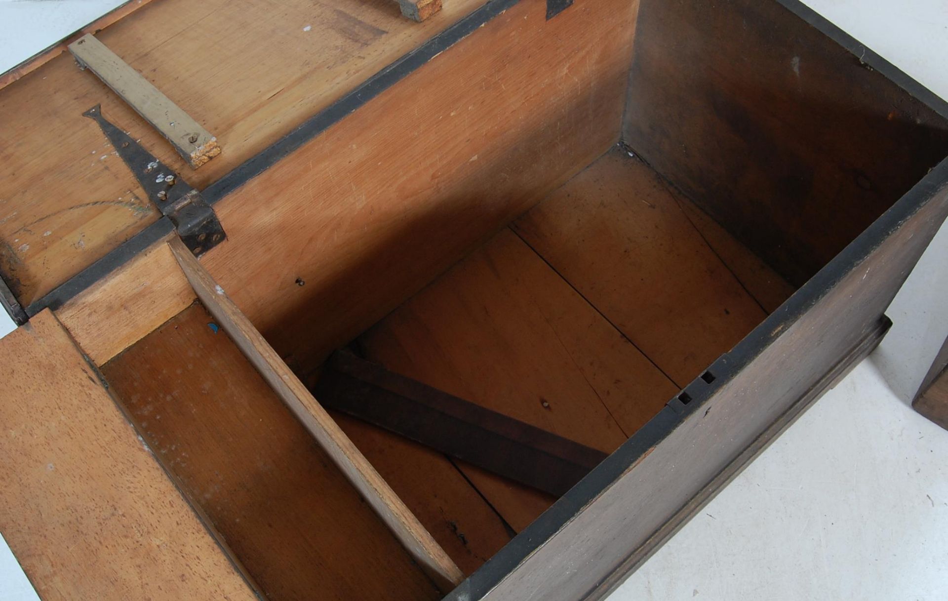 A 19TH CENTURY VICTORIAN OAK BLANKET CHEST AND SMALL WOODEN AND IRON STRONGBOX - Image 5 of 6