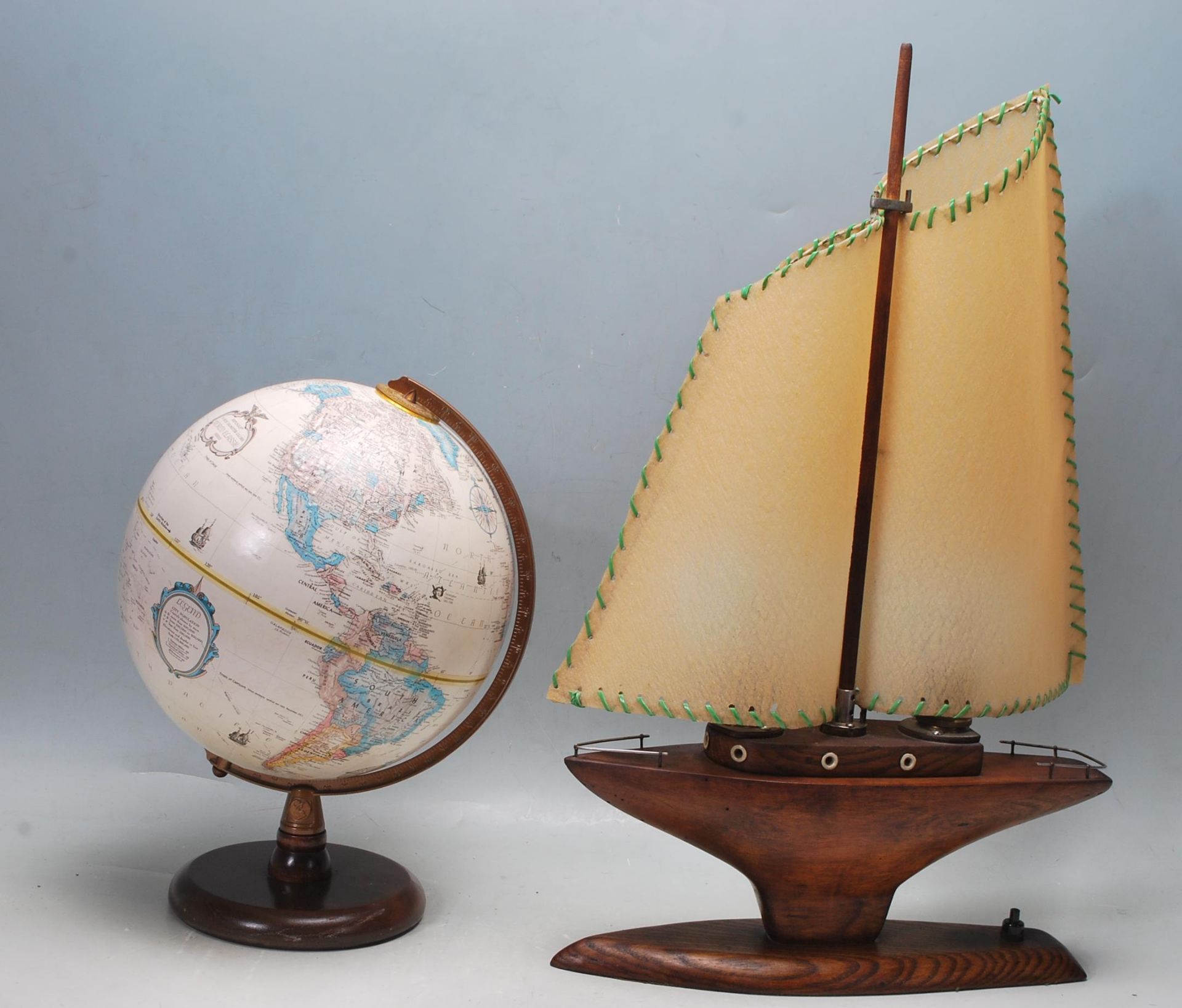 RETRO 20TH CENTURY WOODEN SAILING YACHT TABLE LAMP AND GLOBE