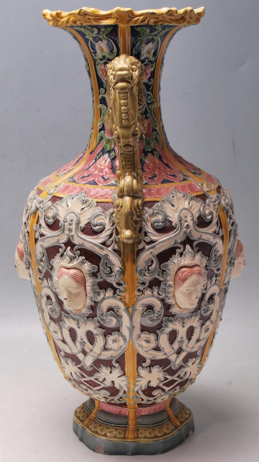 ANTIQUE COPELAND MAJOLICA TWIN HANDLED VASE - Image 3 of 8