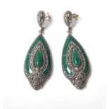 VINTAGE MARCASITE AND GREEN ENAMEL DROP EARRINGS