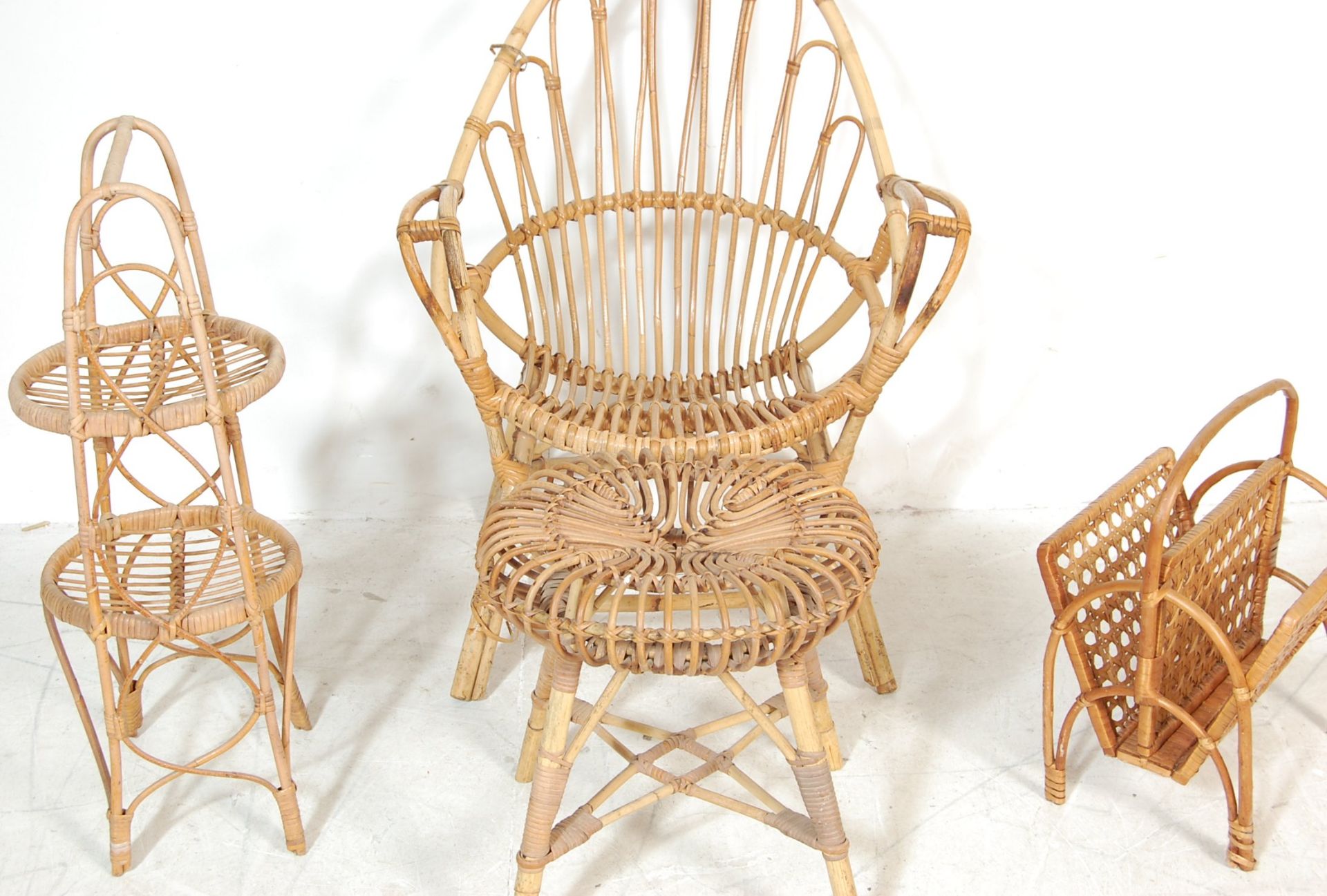 MID CENTURY BAMBOO ARMCHAIR AND A 1960S FOOTSTOOL. BOTH IN THE MANNER OF FRANCO ALBINI. - Image 2 of 6