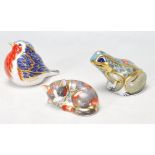 THREE ROYAL CROWN DERBY PAPERWEIGHT - CAT - FROG - BIRD