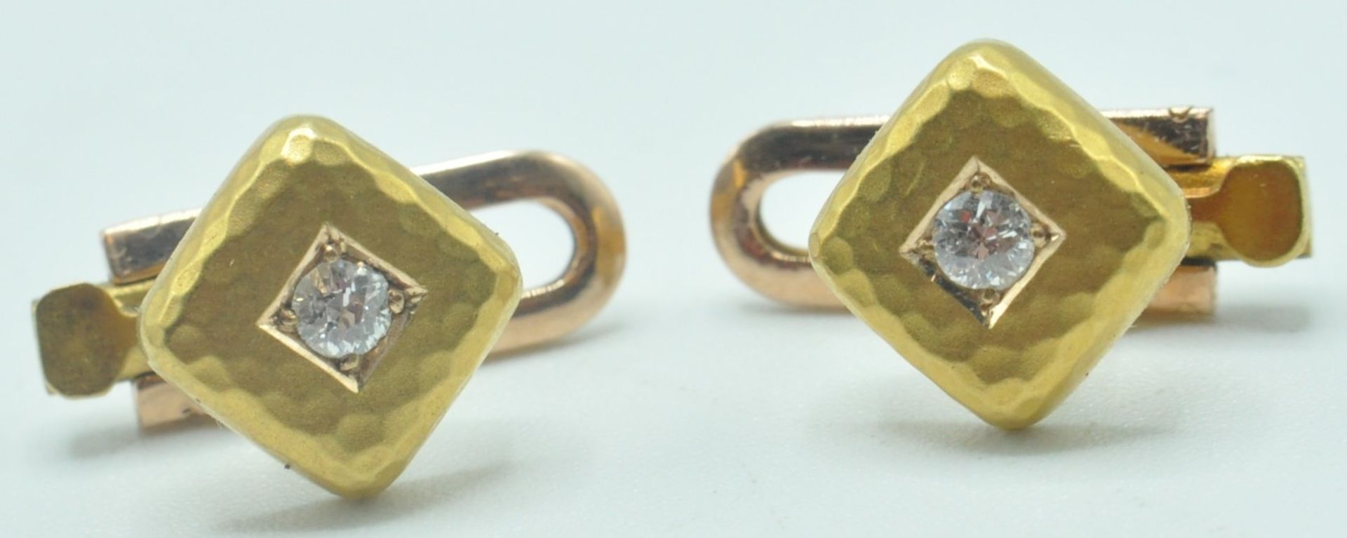 VINTAGE 14CT GOLD & DIAMOND HAMMERED DESIGN CUFFLINKS