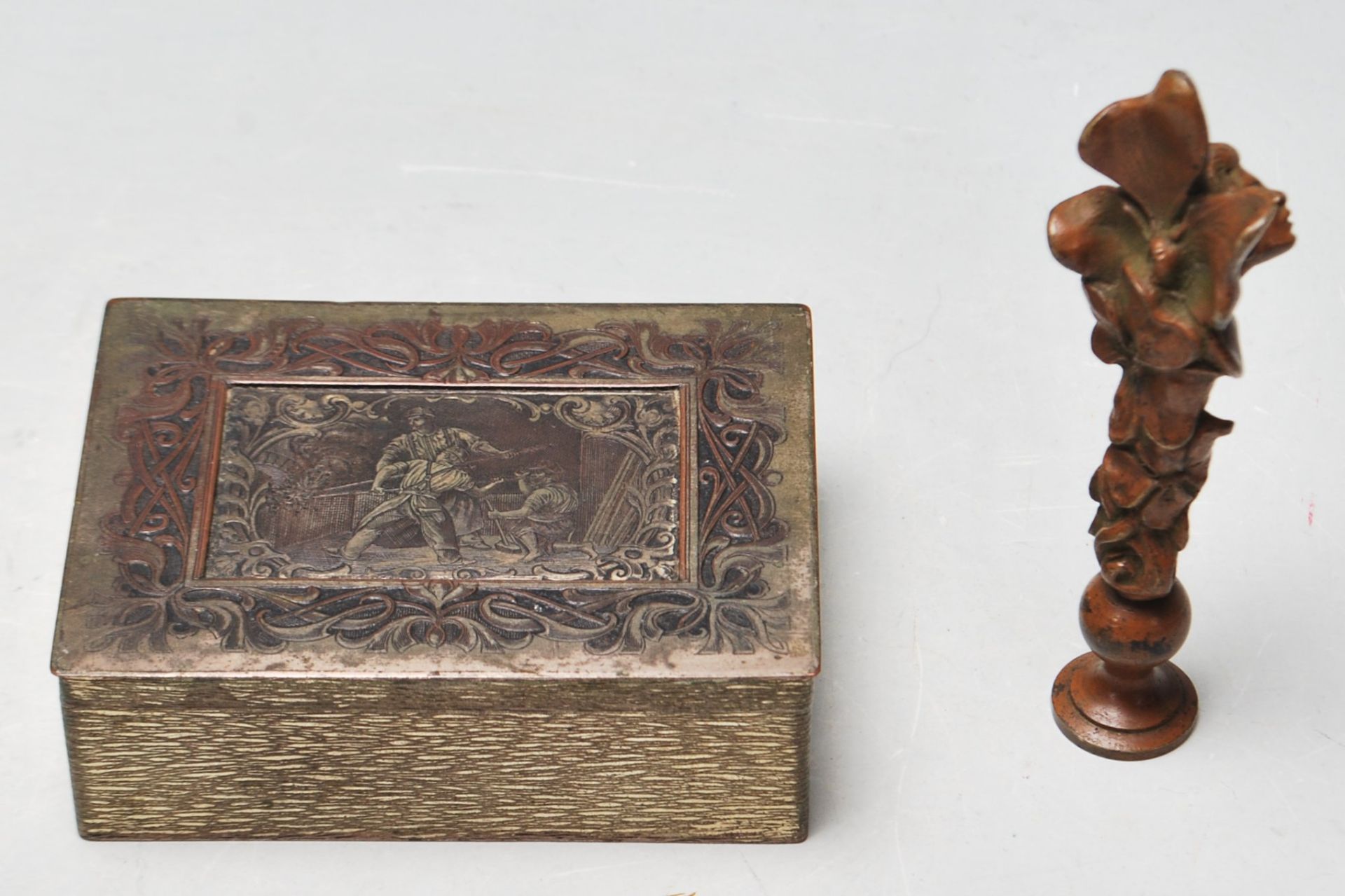 ART NOUVEAU CAST BRONZE SEAL AND CIGARETTE BOX