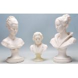 TWO LARGE FEMALE PLASTER BUSTS AND A SMALL BEETHOVEN BUST