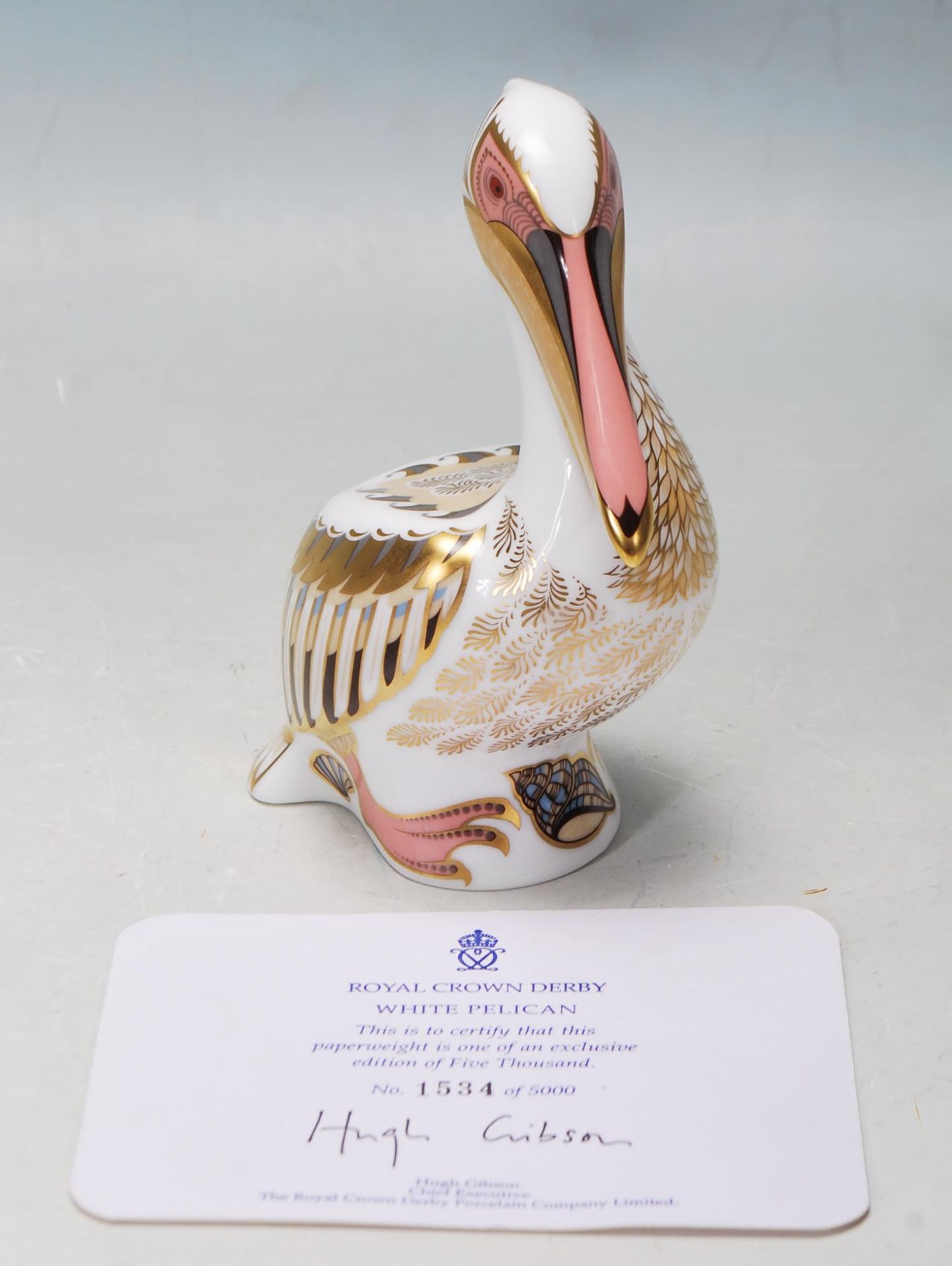 ROYAL CROWN DERBY WHITE PELICAN PAPERWEIGHT WITH GOLD STOPPER