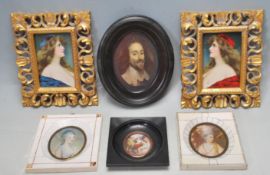 GROUP OF SIX ANTIQUE AND VINTAGE MINIATURE PORTRAITS - TWO HAND PAINTED