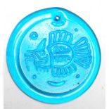 UNUSUAL 1960'S RETRO VINTAGE BLUE GLASS FISH DISC