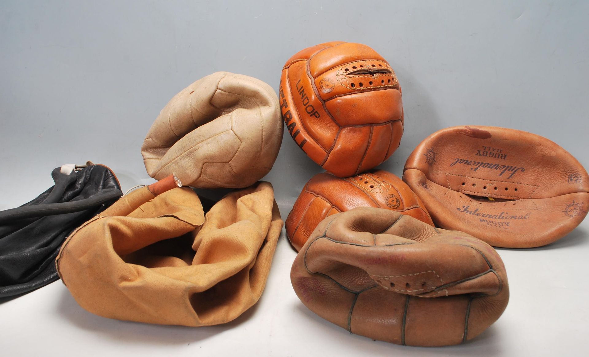 VINTAGE LINDOP LEATHER NETBALLS & INTERNATIONAL RUGBY BALL