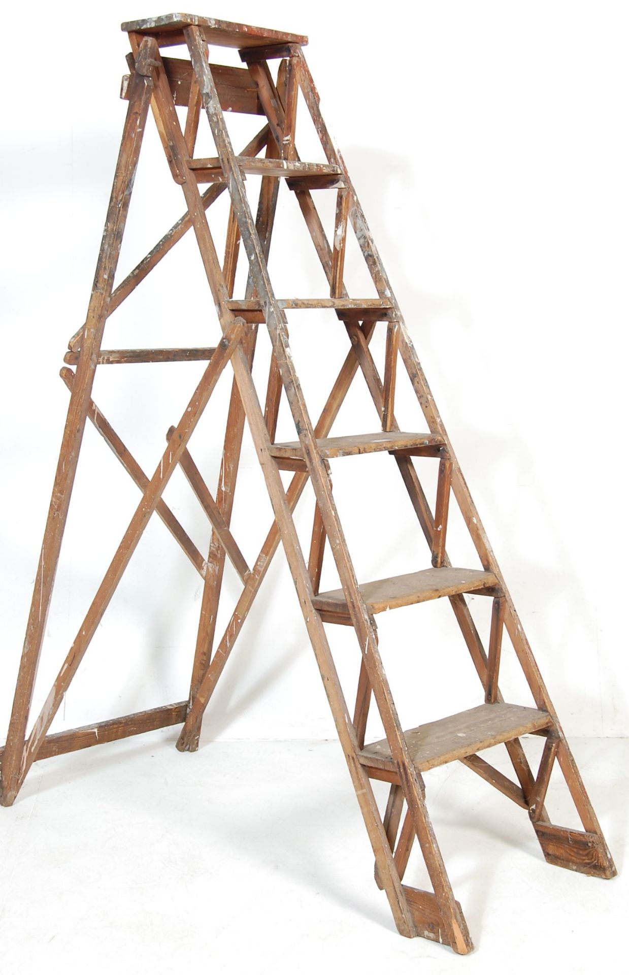 A VINTAGE 20TH CENTURY WOODEN A-FRAME TRESTLE STEP LADDER