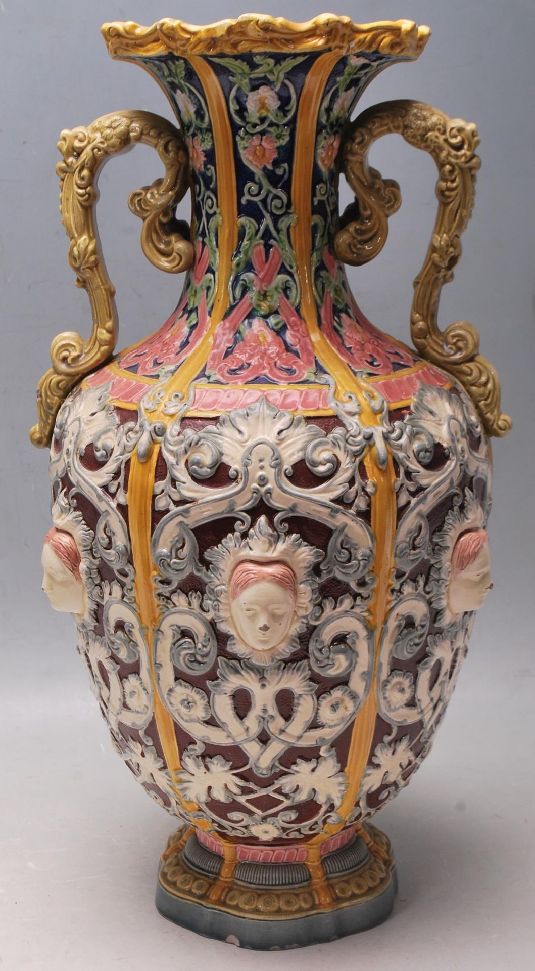 ANTIQUE COPELAND MAJOLICA TWIN HANDLED VASE - Image 4 of 8