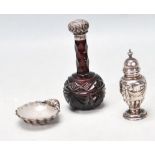 VICTORIAN 1901 SILVER AND CUT GLASS PERFUME BOTTLES TOGETHER WITH A SILVER SHAKER