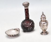VICTORIAN 1901 SILVER AND CUT GLASS PERFUME BOTTLES TOGETHER WITH A SILVER SHAKER