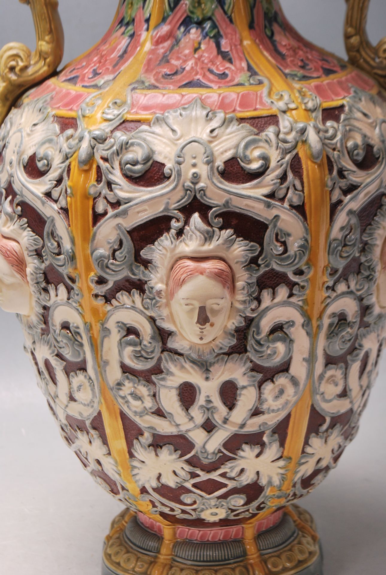 ANTIQUE COPELAND MAJOLICA TWIN HANDLED VASE - Image 2 of 8