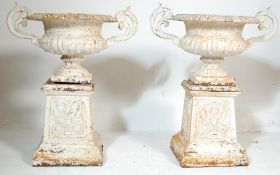 TWO 20TH CENTURY ANTIQUE VICTORIAN STYLE CAST IRON URNS