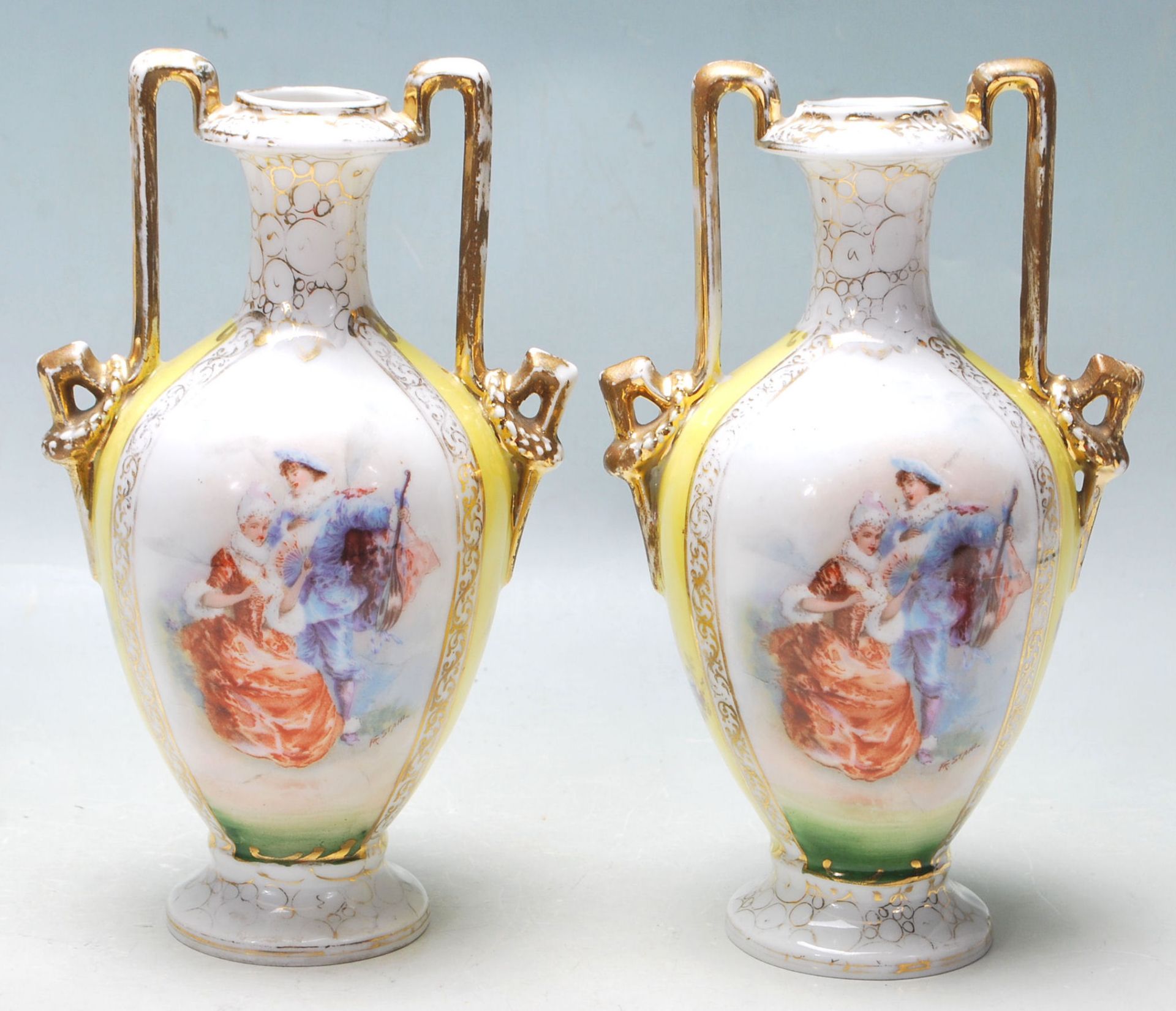 A PAIR OF GERMAN VASES BY VON SCHIERHOLZ 1900C - C.G. SCHIERHOLZ & SON - PAITED BY FR STAHL