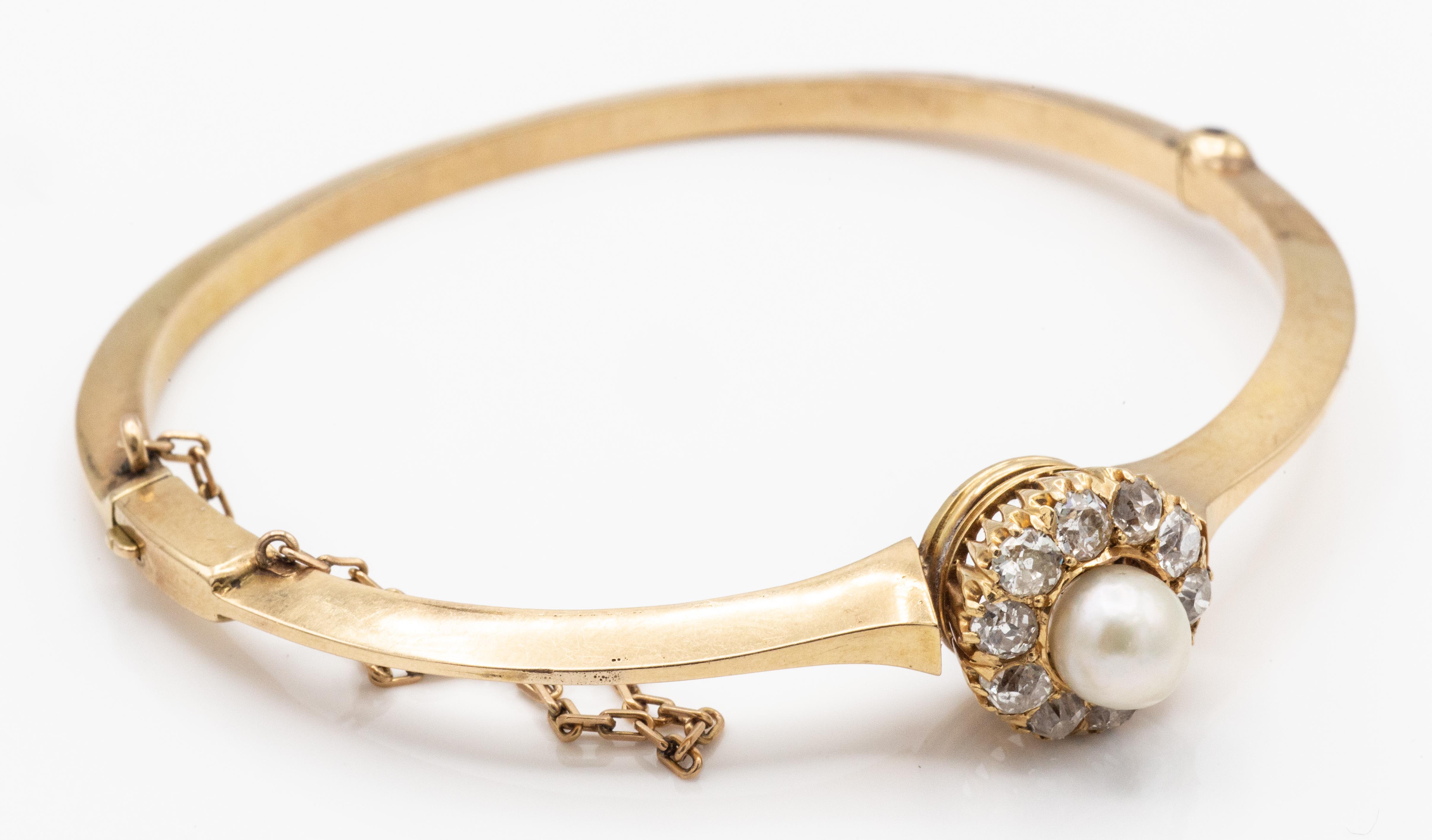 A French 18ct Gold Diamond & Pearl Hinged Bangle