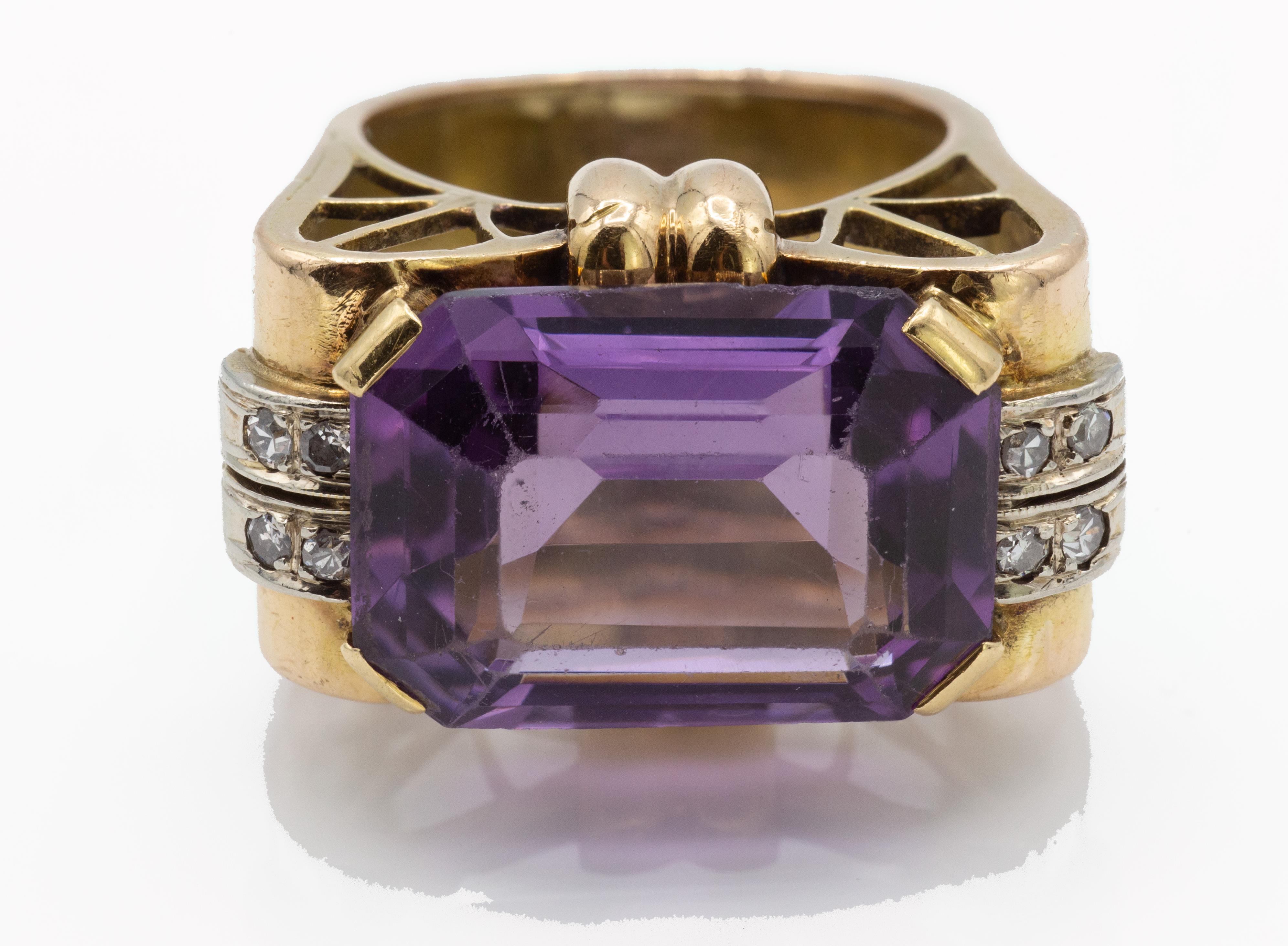 A Retro Gold Amethyst & Diamond Ring.