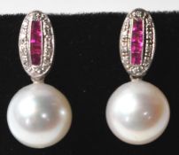 18CT GOLD, RUBY AND PEARL DRESS EARRINGS