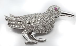 A French 18ct White Gold Ruby & Diamond Bird Brooch