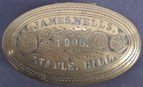 EARLY 20TH CENTURY BRASS TOBACCO TIN OF LOCAL INTEREST