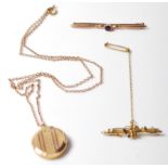 TWO 20TH CENTURY 9CT GOLD BROOCHES AND A LOCKET NECKLACE