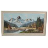 LARGE RETRO VINTAGE 1970S OIL ON CANVAS PAINTING OF MOUNTAINS