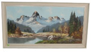 LARGE RETRO VINTAGE 1970S OIL ON CANVAS PAINTING OF MOUNTAINS