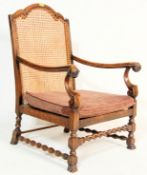 EARLY 20TH CENTURY 1930S CAROLEAN 17TH CENTURY REVIVAL OAK FRAME BERGERE FIRESIDE RATTAN ARMCHAIR