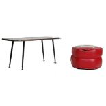 RETRO VINTAGE 1970S MELAMINE COFFEE TABLE TOGETHER WITH A VINTAGE FOOT POUFFE