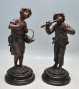 TWO 19TH CENTURY FRENCH BRONZED SPELTER FIGURINES - BOUQUETIERE - FLUTEUR - AFTER AGUST MOREAU