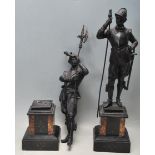 TWO CAST METAL ANTIQUE FRENCH SPELTER FIGURINES RAISED ON BLACK MARBLE PLINTH BASE
