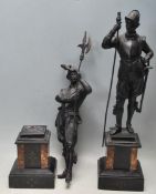 TWO CAST METAL ANTIQUE FRENCH SPELTER FIGURINES RAISED ON BLACK MARBLE PLINTH BASE