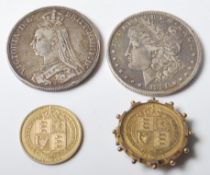 TWO 19TH CENTURY SILVER COINS TOGETHER WITH TWO VICTORIAN SIX PENCES