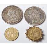 TWO 19TH CENTURY SILVER COINS TOGETHER WITH TWO VICTORIAN SIX PENCES