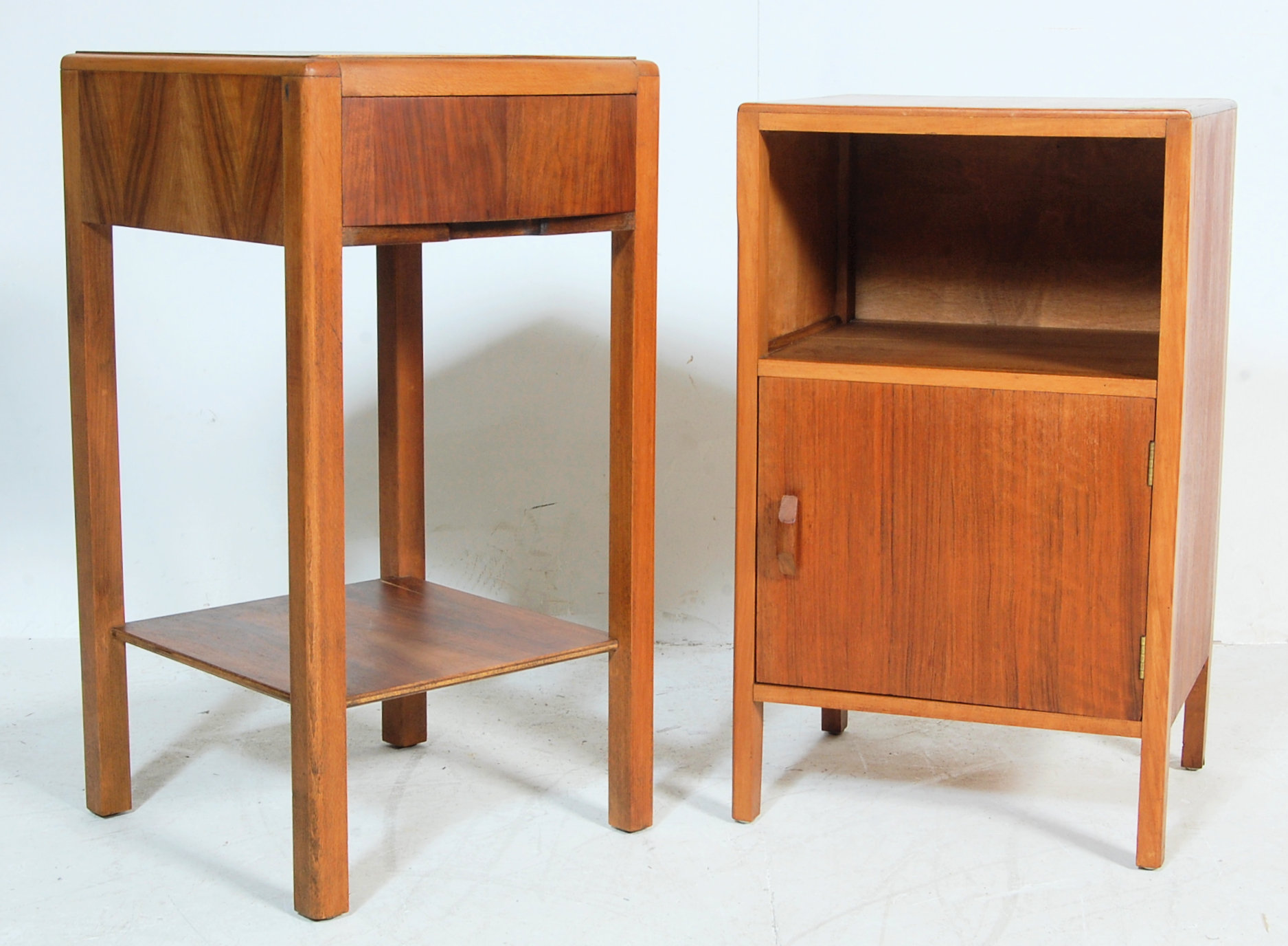 TWO 1930’S WALNUT BEDSIDE CABINETS WITH DRAWER AND CUPBOARD