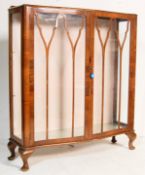 1930’S QUEEN ANNE REVIVIAL WALNUT GLAZED CHINA DISPLAY BOOKCASE CABINET WITH TWO DOORS