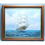 A 20TH CENTURY OIL ON BOARD PAINTING OF A TALL SHIP / BOAT.